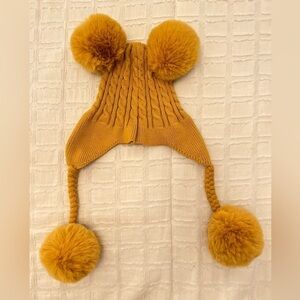 Natasha Couture Beanie With 4 Faux Fur Pom Poms Mustard Yellow OS